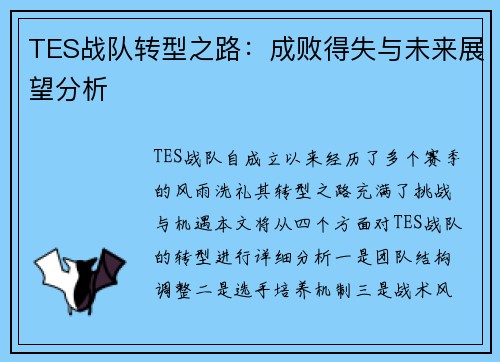 TES战队转型之路：成败得失与未来展望分析