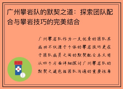 广州攀岩队的默契之道：探索团队配合与攀岩技巧的完美结合
